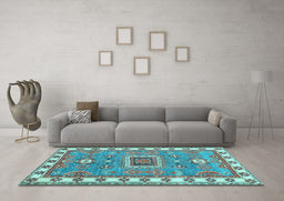 Machine Washable Geometric Light Blue Traditional Rug in a Living Room, wshtr751lblu