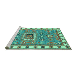 Sideview of Machine Washable Geometric Turquoise Traditional Area Rugs, wshtr751turq