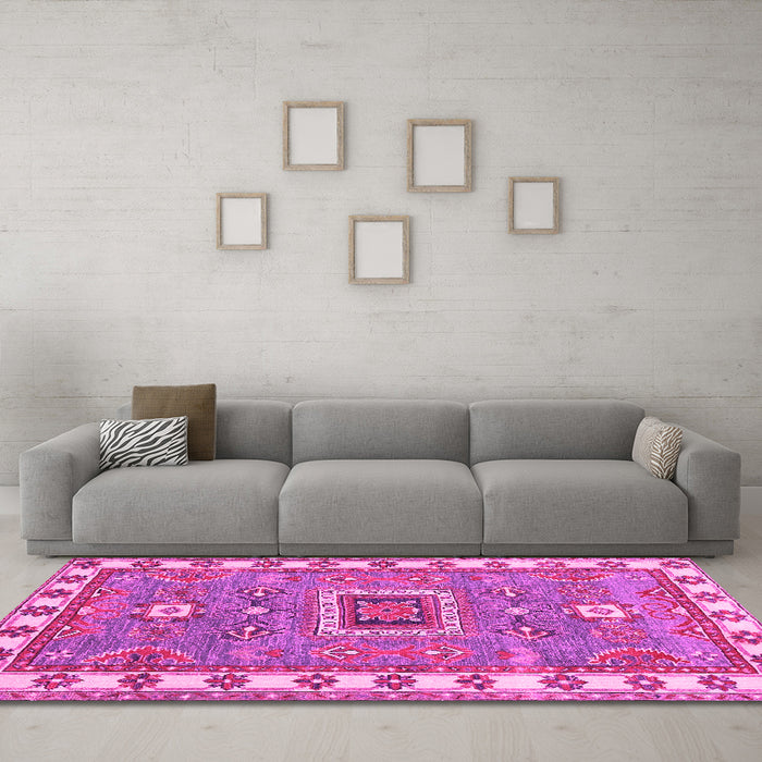 Machine Washable Geometric Pink Traditional Rug in a Living Room, wshtr751pnk