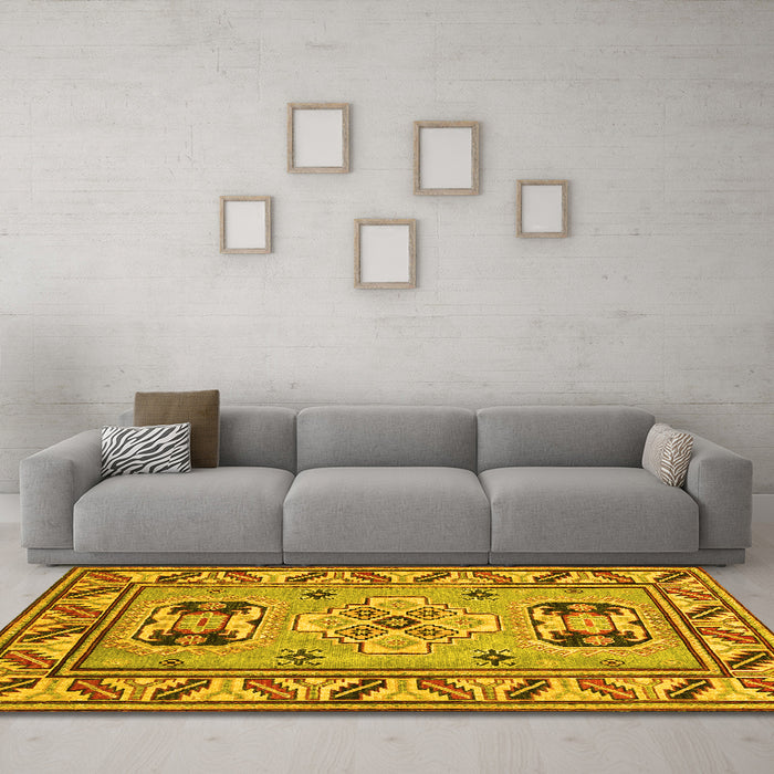 Machine Washable Geometric Yellow Traditional Rug in a Living Room, wshtr752yw