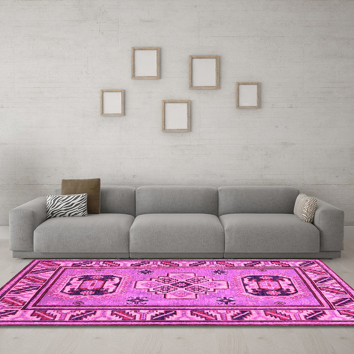 Machine Washable Geometric Pink Traditional Rug in a Living Room, wshtr752pnk