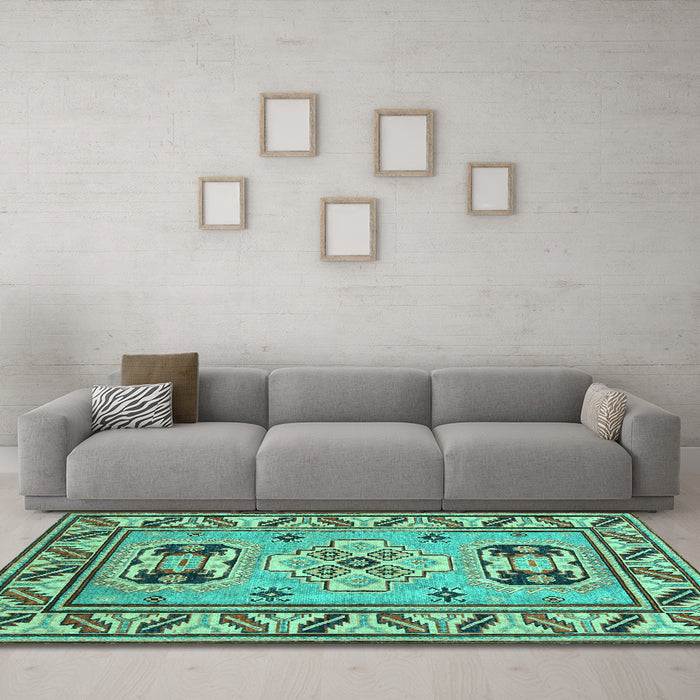 Machine Washable Geometric Turquoise Traditional Area Rugs in a Living Room,, wshtr752turq