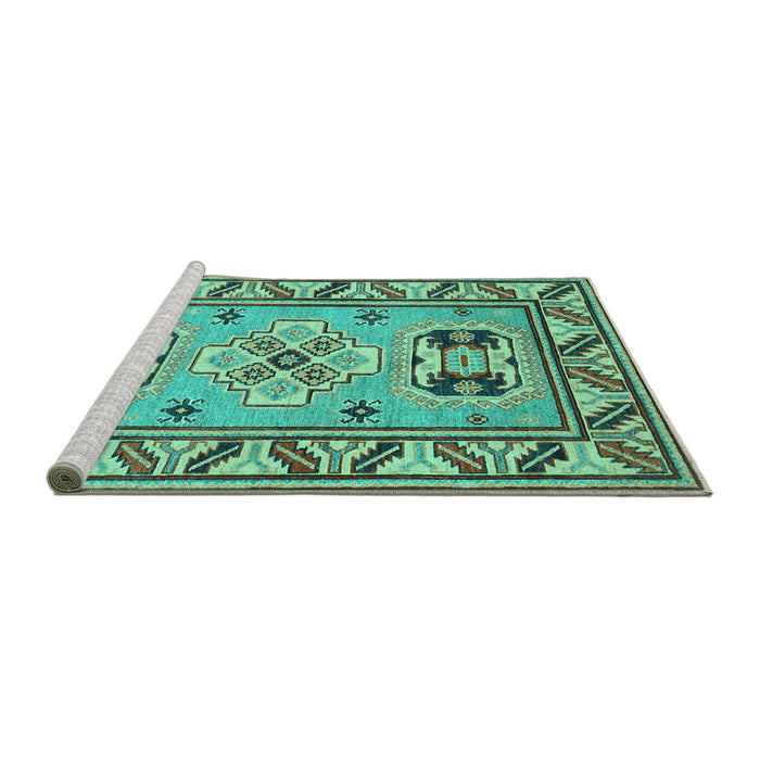 Sideview of Machine Washable Geometric Turquoise Traditional Area Rugs, wshtr752turq