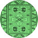 Round Machine Washable Geometric Emerald Green Traditional Area Rugs, wshtr752emgrn