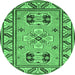 Round Geometric Emerald Green Traditional Rug, tr752emgrn