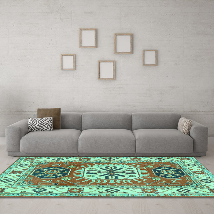 Machine Washable Persian Turquoise Traditional Area Rugs in a Living Room,, wshtr753turq