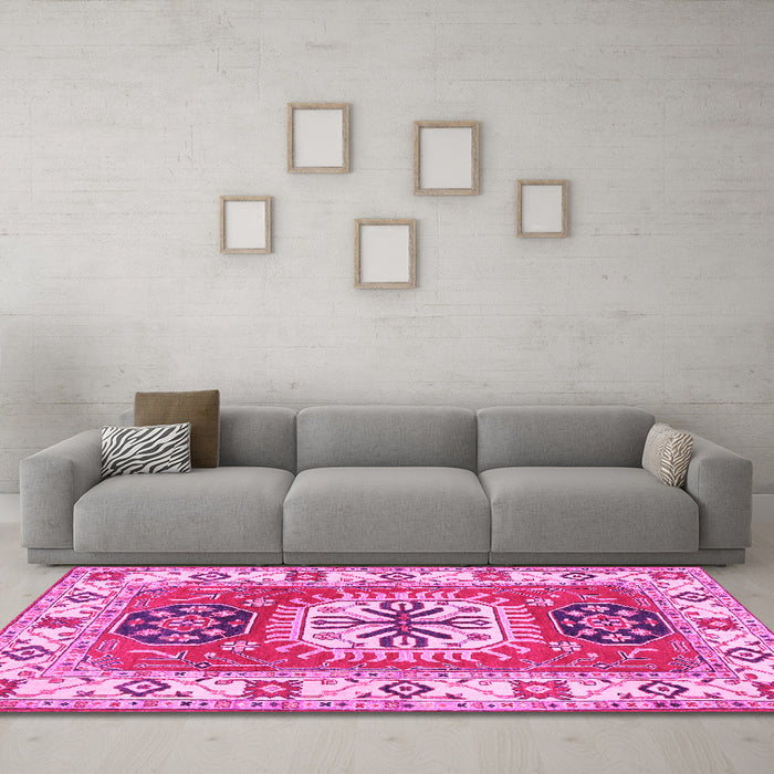 Machine Washable Persian Pink Traditional Rug in a Living Room, wshtr753pnk