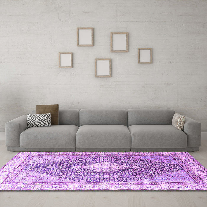 Machine Washable Persian Purple Traditional Area Rugs in a Living Room, wshtr754pur
