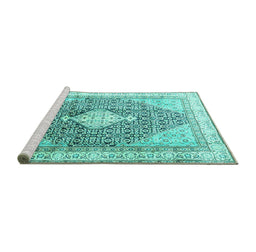 Sideview of Machine Washable Persian Turquoise Traditional Area Rugs, wshtr754turq