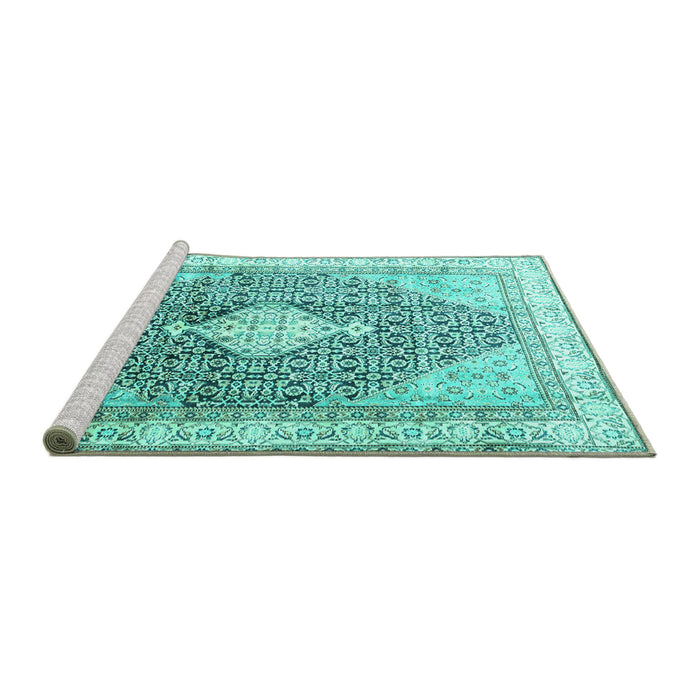 Sideview of Machine Washable Persian Turquoise Traditional Area Rugs, wshtr754turq