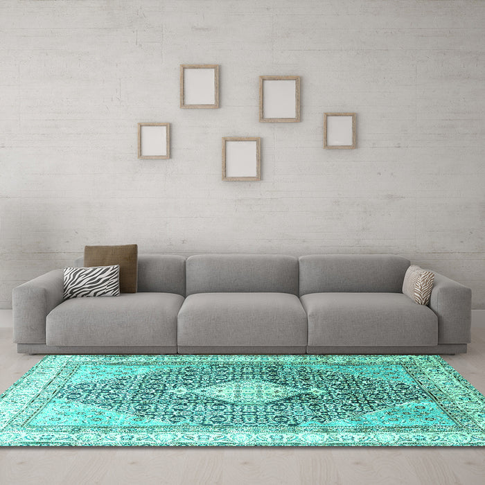 Machine Washable Persian Turquoise Traditional Area Rugs in a Living Room,, wshtr754turq