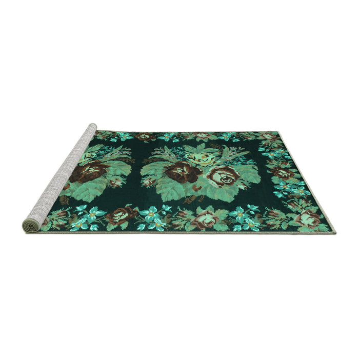 Sideview of Machine Washable Persian Turquoise Traditional Area Rugs, wshtr755turq