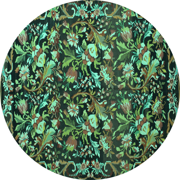 Round Machine Washable Medallion Turquoise French Area Rugs, wshtr756turq