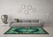 Machine Washable Medallion Turquoise French Area Rugs in a Living Room,, wshtr757turq