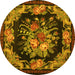 Round Machine Washable Medallion Yellow French Rug, wshtr757yw