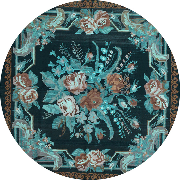 Round Machine Washable Medallion Light Blue French Rug, wshtr757lblu