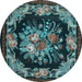 Round Machine Washable Medallion Light Blue French Rug, wshtr757lblu