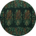 Round Machine Washable Medallion Turquoise French Area Rugs, wshtr758turq