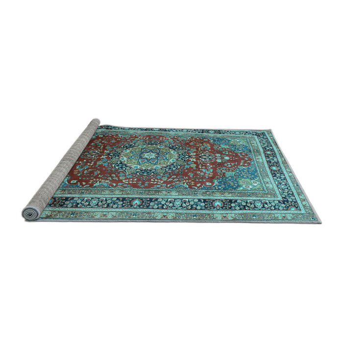 Sideview of Machine Washable Medallion Light Blue Traditional Rug, wshtr75lblu