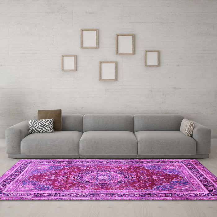 Machine Washable Medallion Purple Traditional Area Rugs in a Living Room, wshtr75pur