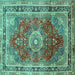 Square Machine Washable Medallion Turquoise Traditional Area Rugs, wshtr75turq