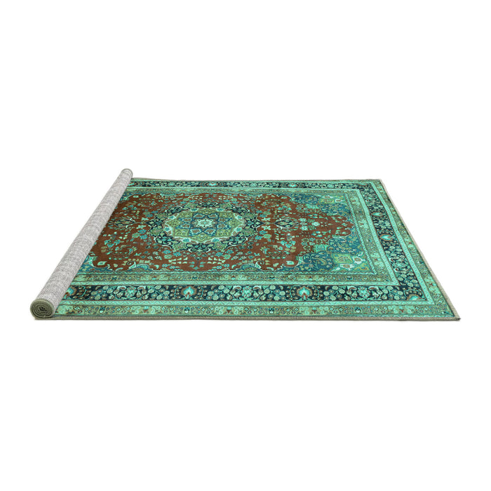 Sideview of Machine Washable Medallion Turquoise Traditional Area Rugs, wshtr75turq