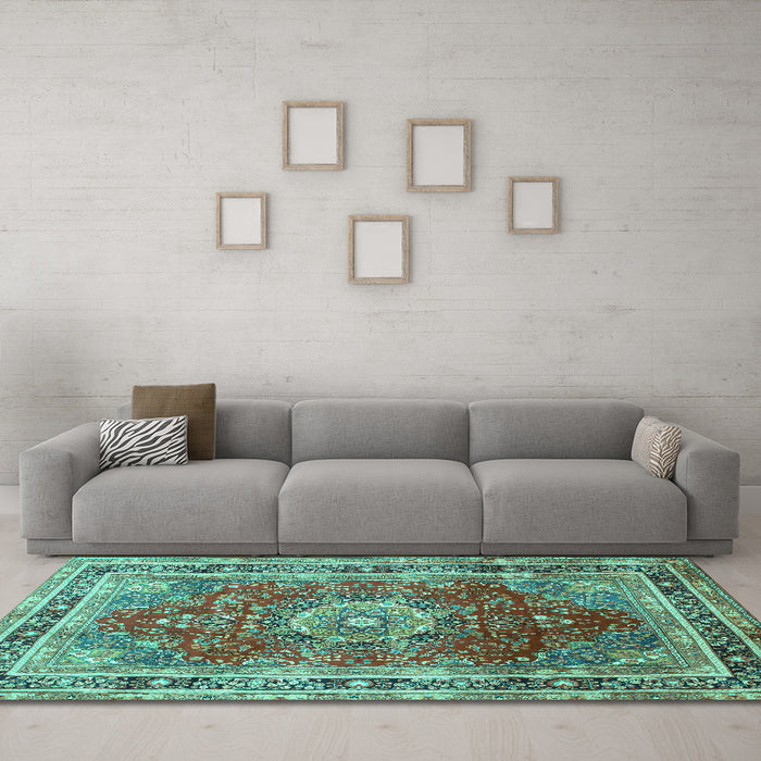 Machine Washable Medallion Turquoise Traditional Area Rugs in a Living Room,, wshtr75turq