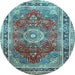 Round Machine Washable Medallion Light Blue Traditional Rug, wshtr75lblu