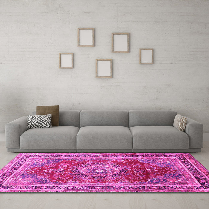 Machine Washable Medallion Pink Traditional Rug in a Living Room, wshtr75pnk