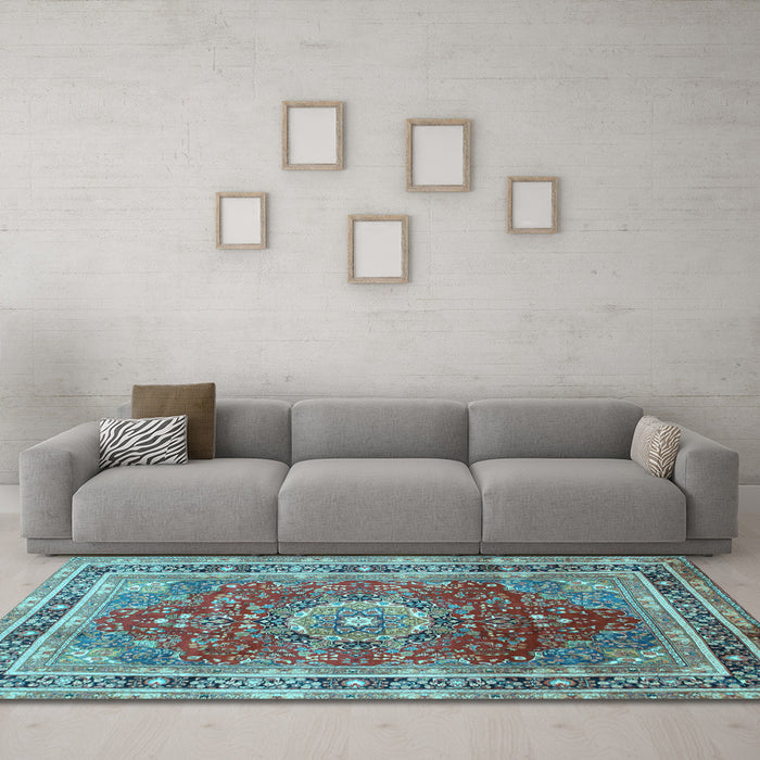 Machine Washable Medallion Light Blue Traditional Rug in a Living Room, wshtr75lblu
