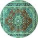 Round Machine Washable Medallion Turquoise Traditional Area Rugs, wshtr75turq