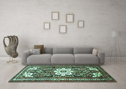 Machine Washable Persian Turquoise Traditional Area Rugs in a Living Room,, wshtr768turq