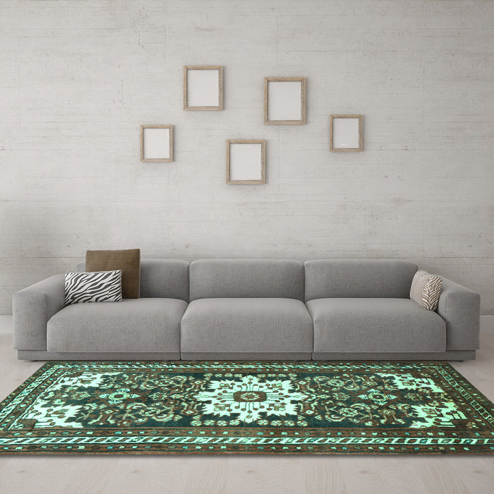 Machine Washable Persian Turquoise Traditional Area Rugs in a Living Room,, wshtr768turq