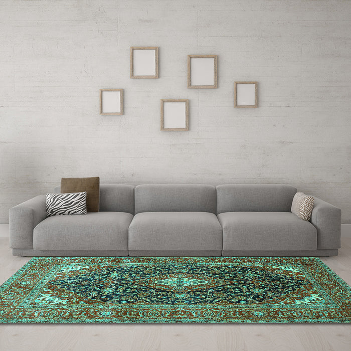 Machine Washable Medallion Turquoise Traditional Area Rugs in a Living Room,, wshtr76turq
