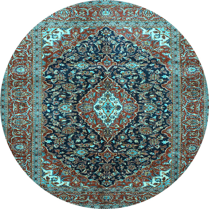 Round Machine Washable Medallion Light Blue Traditional Rug, wshtr76lblu