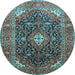 Round Machine Washable Medallion Light Blue Traditional Rug, wshtr76lblu