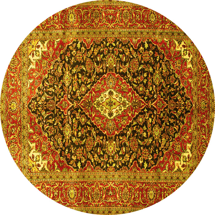 Round Machine Washable Medallion Yellow Traditional Rug, wshtr76yw
