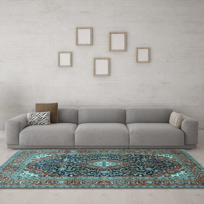 Machine Washable Medallion Light Blue Traditional Rug in a Living Room, wshtr76lblu