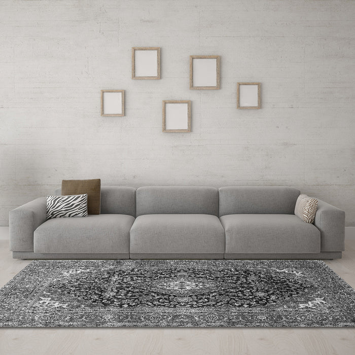 Machine Washable Medallion Gray Traditional Rug in a Living Room,, wshtr76gry