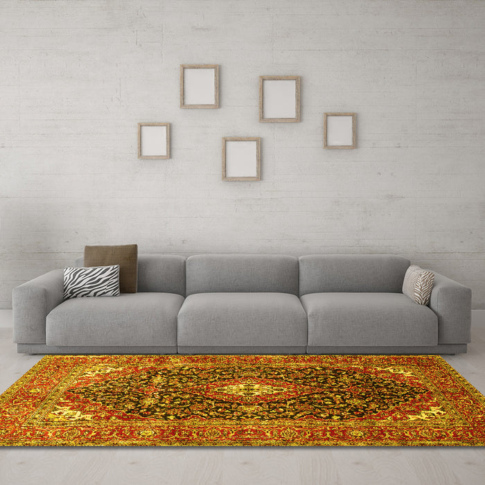 Machine Washable Medallion Yellow Traditional Rug in a Living Room, wshtr76yw