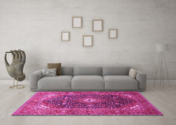 Machine Washable Medallion Pink Traditional Rug in a Living Room, wshtr76pnk
