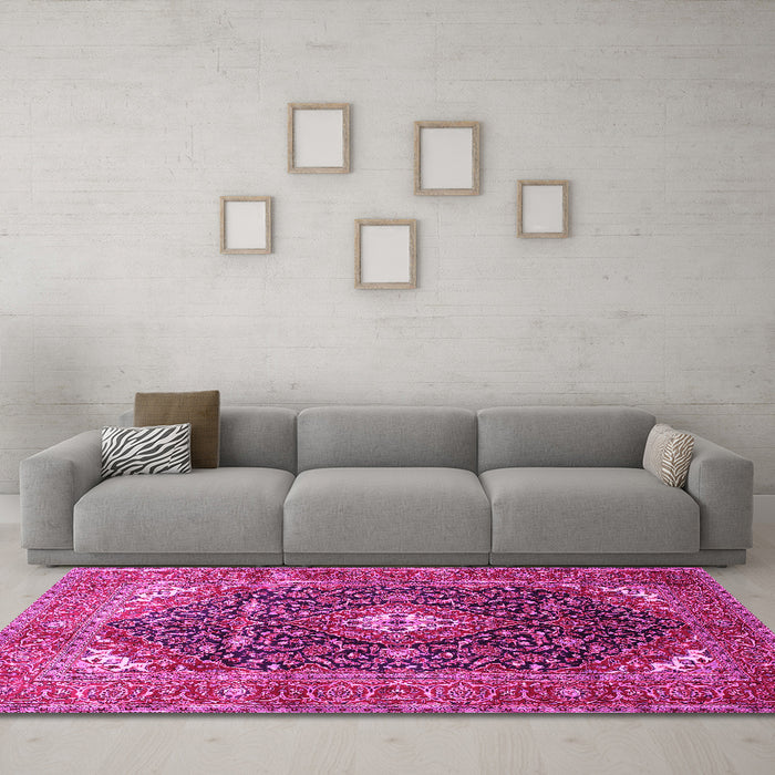 Machine Washable Medallion Pink Traditional Rug in a Living Room, wshtr76pnk