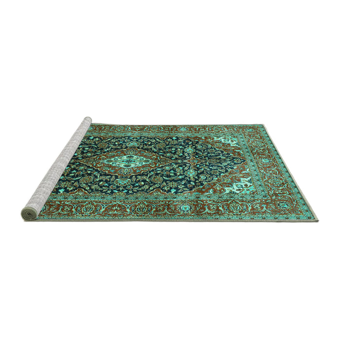 Sideview of Machine Washable Medallion Turquoise Traditional Area Rugs, wshtr76turq