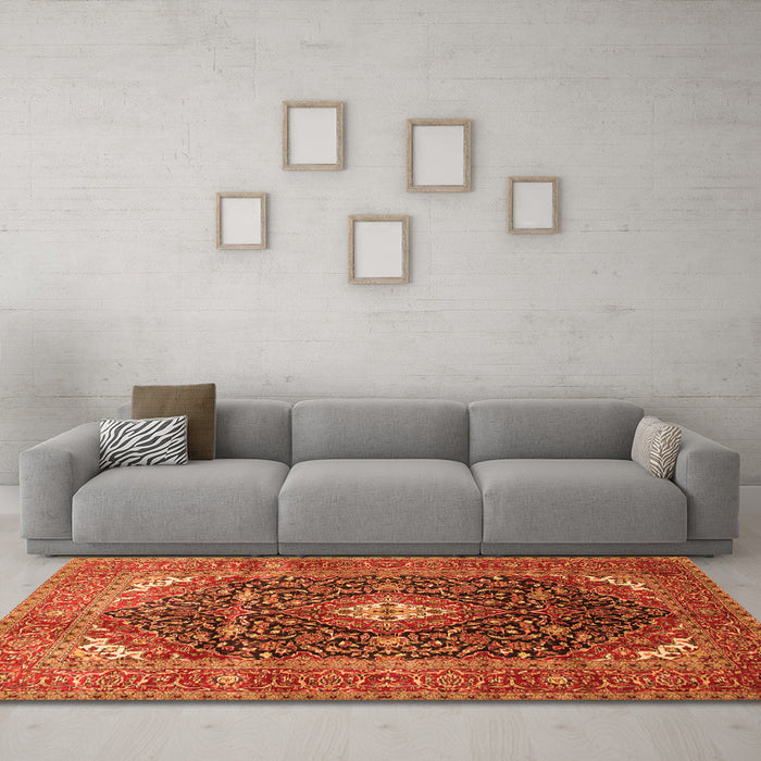 Machine Washable Medallion Orange Traditional Area Rugs in a Living Room, wshtr76org