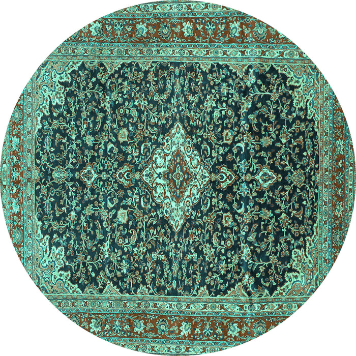 Round Machine Washable Medallion Turquoise Traditional Area Rugs, wshtr77turq