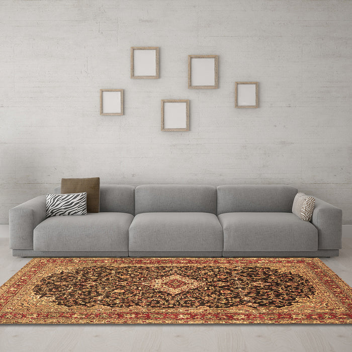 Machine Washable Medallion Brown Traditional Rug in a Living Room,, wshtr77brn