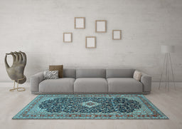 Machine Washable Medallion Light Blue Traditional Rug in a Living Room, wshtr77lblu