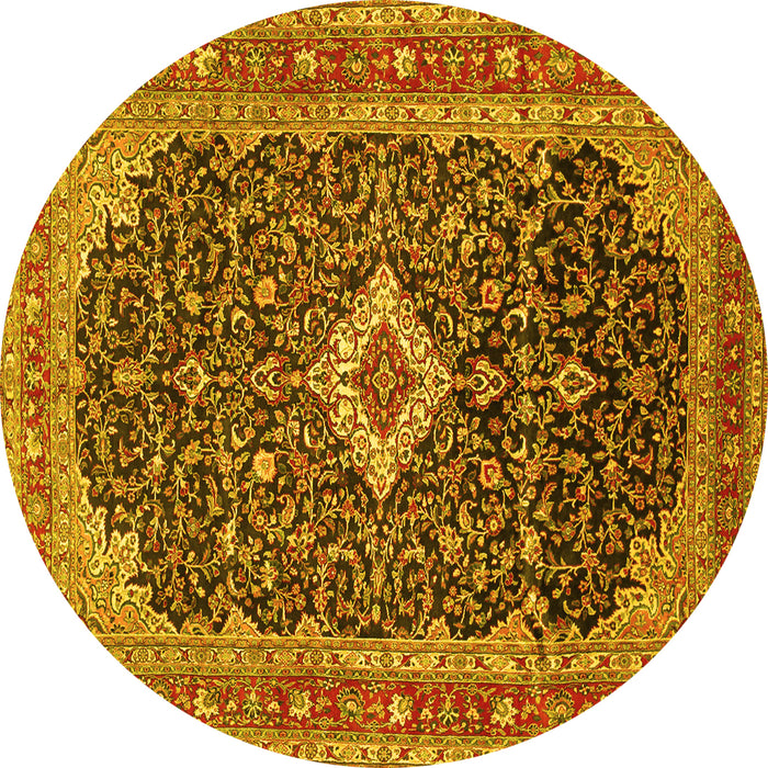 Round Machine Washable Medallion Yellow Traditional Rug, wshtr77yw