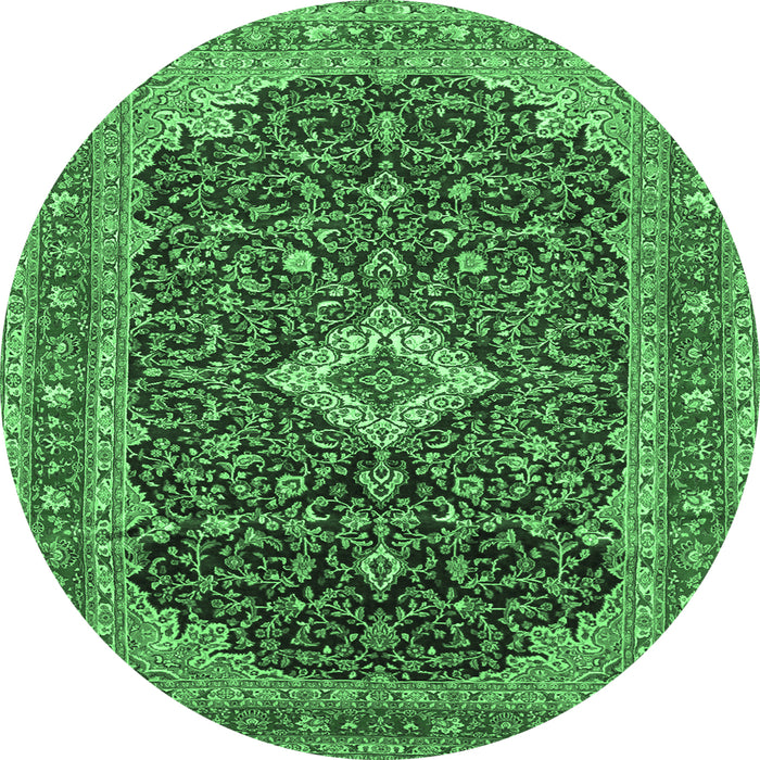 Round Machine Washable Medallion Emerald Green Traditional Area Rugs, wshtr77emgrn