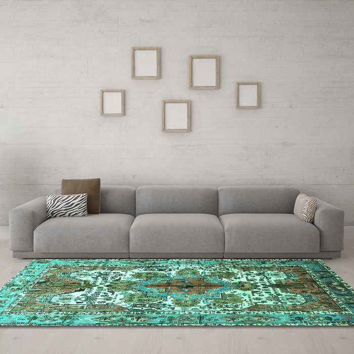 Machine Washable Persian Turquoise Traditional Area Rugs in a Living Room,, wshtr783turq